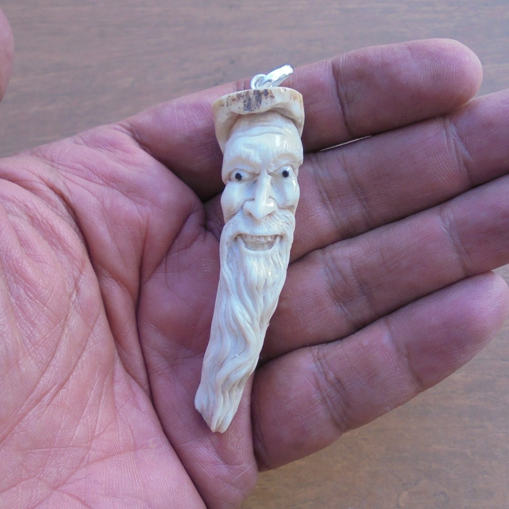Mountain Man Wizard Carved Bone Pendant from Deer Antler with Plated Silver Bale