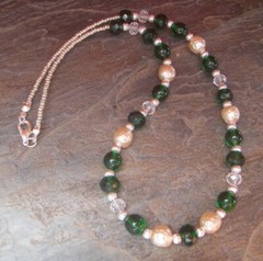 Handmade Necklace – Green Glass Beads and Cream Color Vintage Bumpy Glass Pearls