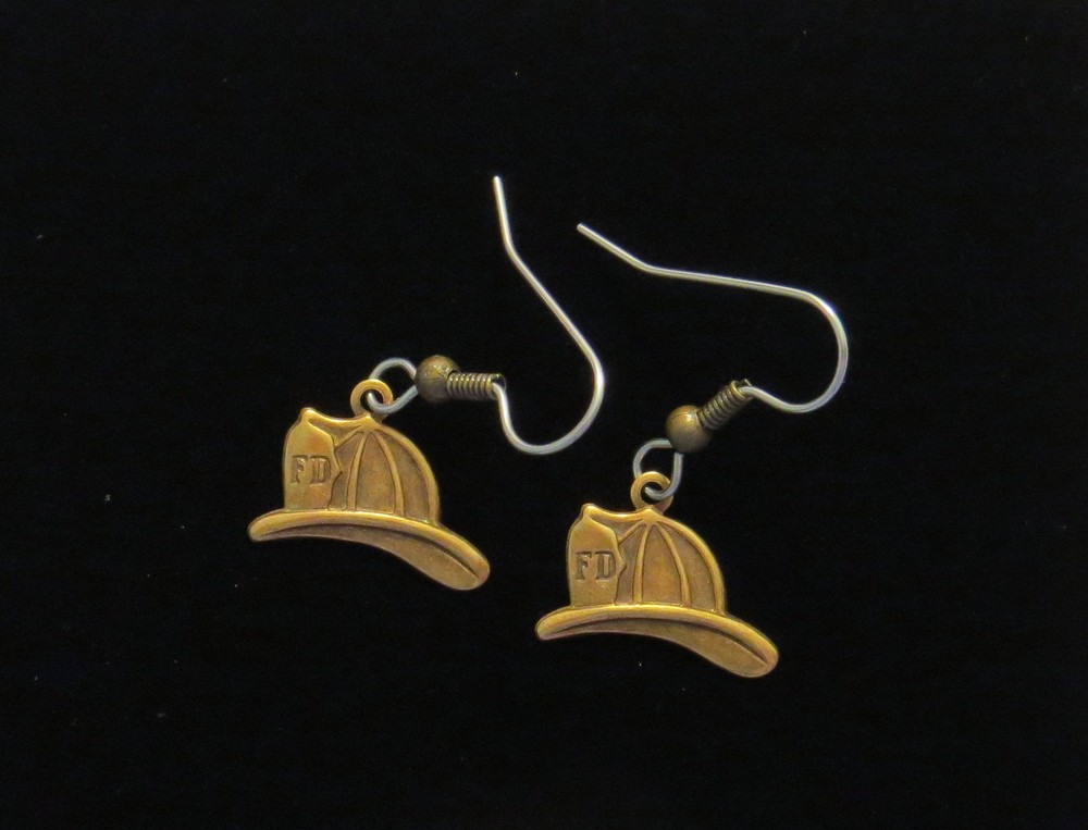 Firefighter Hat Earrings Antiqued Brass Fireman Smoke Jumper Fire Fighter