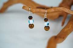 New Sterling Silver Tigers Eye Blue Glass Eye Bead Dangle Earrings 3.5cm