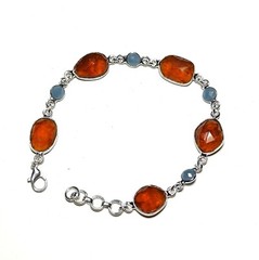 Aqua and Hessonite Gemstone Handmade Brass Silver Plated Bracelet