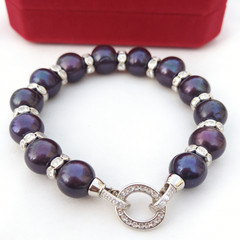 19cm Black Pearl Bracelet Crystal Zircon Spacers Silver-Tone Clasp Red Gift Box