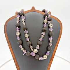 Vtg Boho Lava Rock Amethyst Gemstone Chip Silver Tone Rose Bead Long Necklace