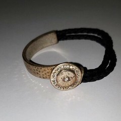 Artsy Hammered Metal Rhinestone and Braided Boho Faux Leather Bracelet Vintage