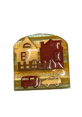 Vintage Lucinda Brooch House Pins Home Picket Fence Cars Cream Reddish Brown EUC