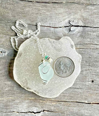 Light Aqua Sea Glass Wire Wrapped Pendant Necklace 18″ Silver Jewelry Gift Her
