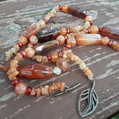 African Antique Style Mali Carnelian Agate Bead Necklace Toggle Leaf Clasp 32″