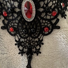 Black Lace Gothic Victorian Choker Necklace with Red Glass Stones Adjustable