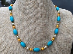 Necklace of Turquoise and White Magnesite Stone Orange Shell and Gold Tone Beads