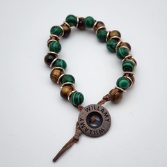 Willamy Malachite Tigers Eye Bead Bracelet Handcrafted Button Clasp Leather Boho