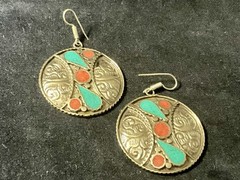 Turquoise Coral Gemstone Drop Dangle Tibetan Earrings 2” Handmade .925 Silver