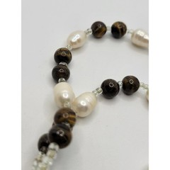 Vintage Tiger’s Eye Freshwater Pearl Necklace Sphere Ball Seed Beads Y Pendant