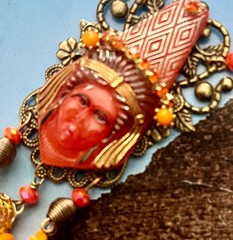 Deco Egyptian Revival Necklace Set, Neiger Style Glass Pharaoh, Orange, Bronze