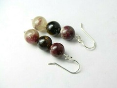 Tourmaline Earrings Dark Red, Green 8mm Ball Natural Gemstone .925 Silver 1 1/2″