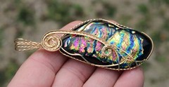 Large Dichroic Glass Pendant 14K Gold Filled Wire-Wrapped Iridescent Multi Color