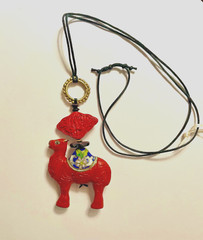Cinnabar and Cloisonné Enamel Camel adjustable Cotton Knot Necklace