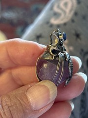 Artisan Signed Amethyst And Sterling Silver 925 Dolphins Seahorse Lapis Pendant