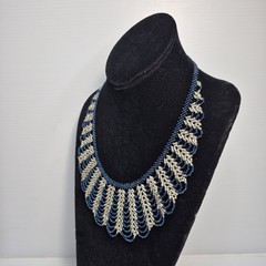 Artisan 18″ Scallop Iridescent Blue Silver Glass Seed Bead Collar Bib Necklace