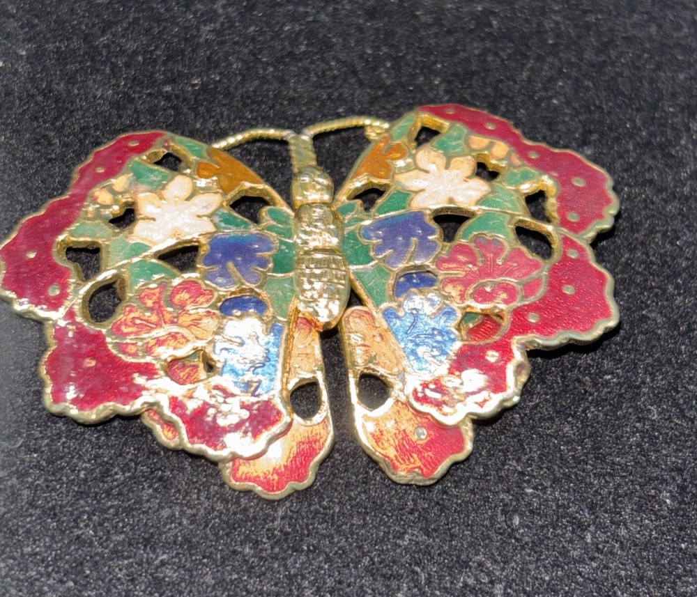 Gold Enameled Butterfly Brooch Pin Filigree Cloisonne Enamel Art 2 1/2″ Vintage