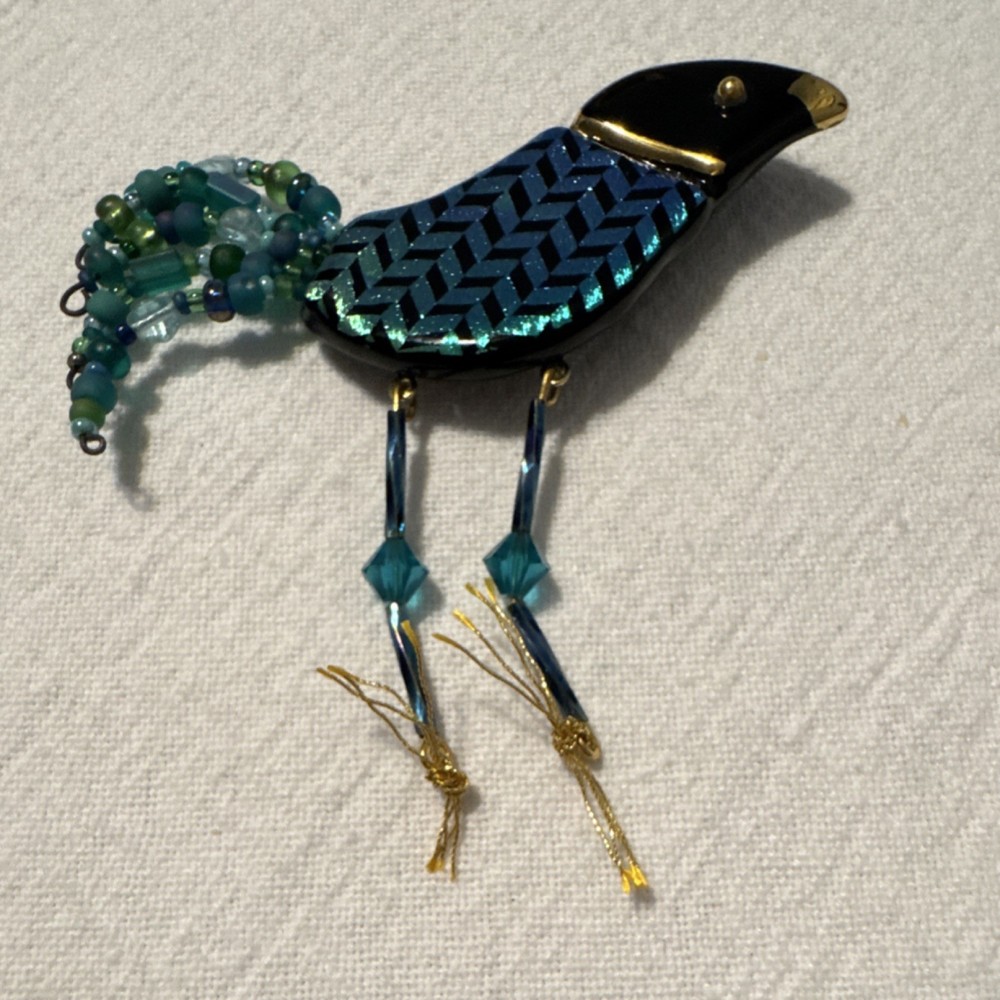 Handcrafted Bird Brooch Blue Beads Metal Plastic Animal Theme Unisex Adults