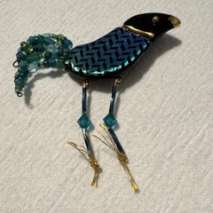 Handcrafted Bird Brooch Blue Beads Metal Plastic Animal Theme Unisex Adults