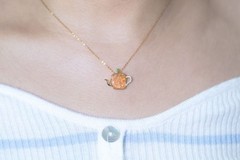 Teapot Mexican Fire Opal & Diamond, Tsavorite Pendant Necklace 18K Yellow Gold