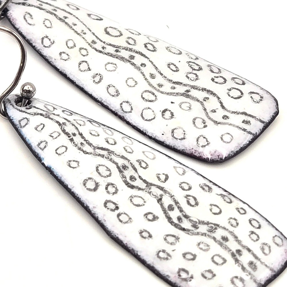 Handmade Artisan Enamel on Metal Drop Earrings White Black Pattern Blue Backing