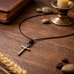 Titanium Steel Cross † on Hand Knotted Black Leather Necklace
