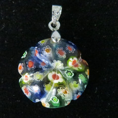 Murano Glass Millefiori Round Pendant Colorful 18K GP White Gold Bail Boho 90s