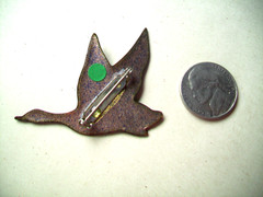 Enamel on Copper FLYING DUCK Pin Brooch Signed INGA-PEACH/GREEN/AQUA COLOR