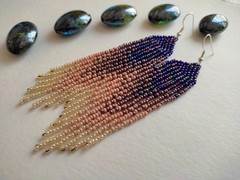 Fringe Beaded Earrings Handmade Blue Beige Bead Earrings Gift For Women Dangle