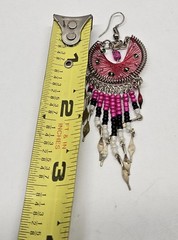 Handmade Large Beaded Thread Moon Shaped Earrings With Long Beaded Dangles
