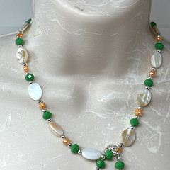 Handmade Beaded Necklace Bracelet Set White Shell Peach Pearls and Green Glass