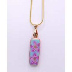 Polymer Clay Teal Pendant Necklace Gold Chain Cottagecore Boho Charm Floral
