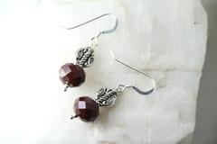 Quartz Dark Red Faceted 8mm x 10mm Roundel Earrings .925 Sterling Silver 1 1/4″