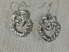 Lovely Artisan Silver Tone Double Heart Design Dangle Hook 1″ Earrings!