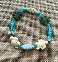 Howlite Sea Turtle And Czech Glass Aqua Blue and White Stretch Cord Bracelet