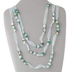 Handcrafted Green White Agate Pebble Gemstone Organza Ribbon 3 Strand Necklace