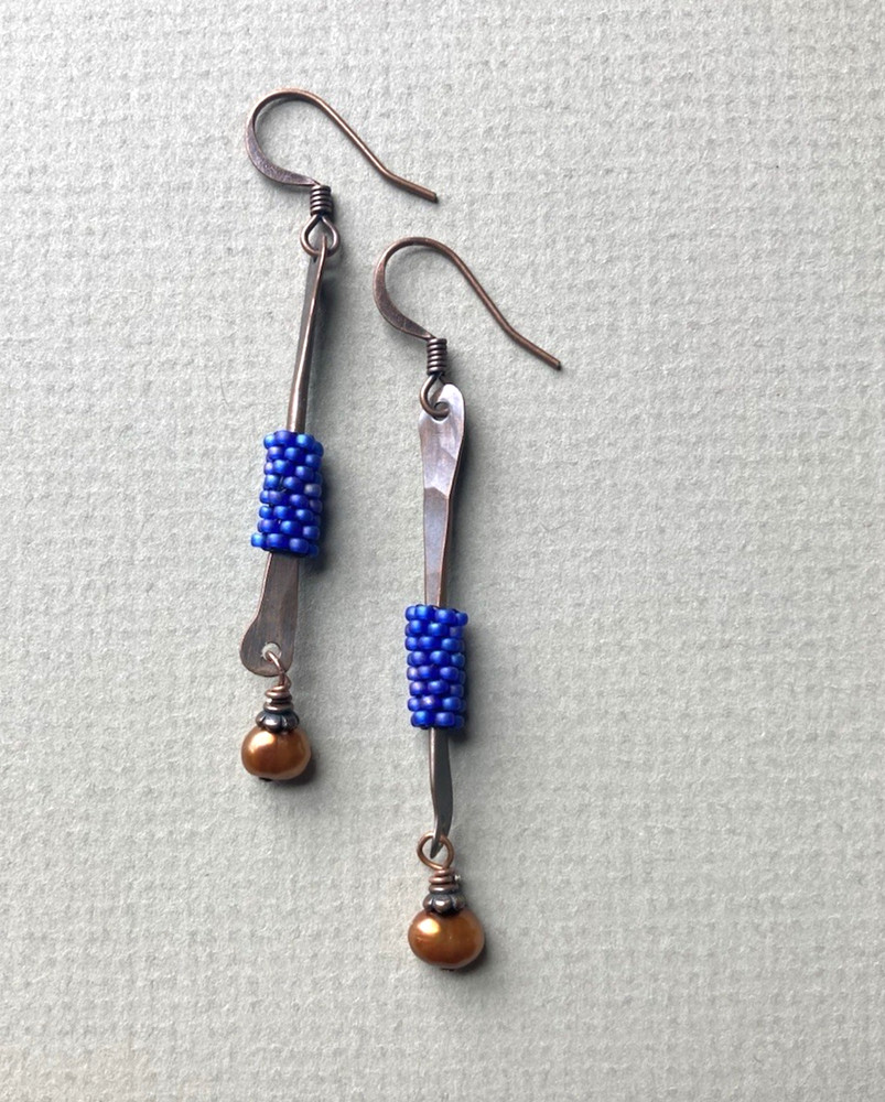 Peyote Beaded Hammered Copper Stick Earrings, Pearls, Purple-Blue Glass Beads