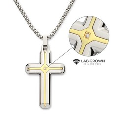 18Kt Gold IP Steel Two Tone Solitaire Accented Clear Lab-Grown Cross Pendant