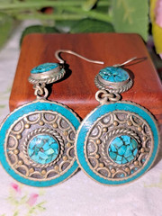 Vintage Style Turquoise Mosaic Dangle Earrings Silver Tone Boho Southwestern