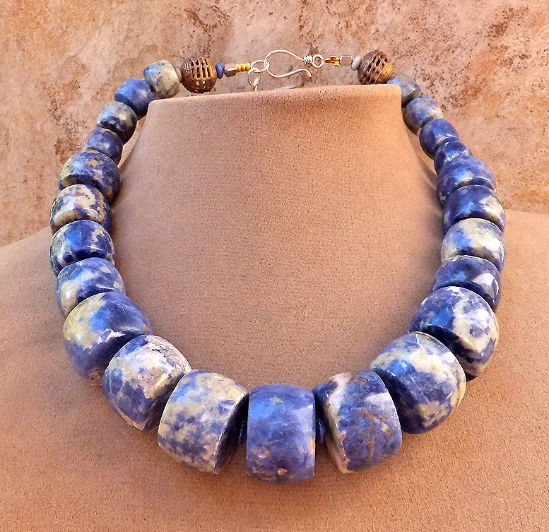 BLUE GENUINE SODALITE Denim Gemstone Necklace African Brass Bead Big XL Jewelry