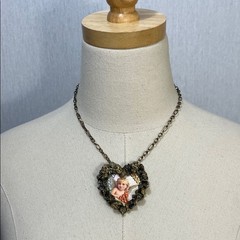 Artisan made Heart Angel Pendant Necklace Vintage Design Mixed Media Assemblage