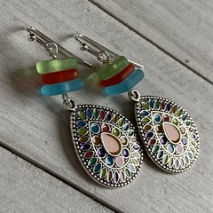 Min Favorit Colorful Enamel Pendant & Seaglass Silver Pl Artisan Boho Earrings