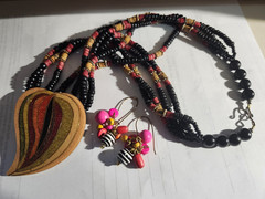 Boho Multicolor Wood Bead Statement Necklace & Dangle Earrings Set Artisan