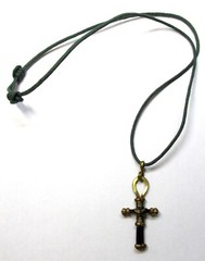 Brass Wire Wrapped Wooden Cross Pendant With Leather Cord
