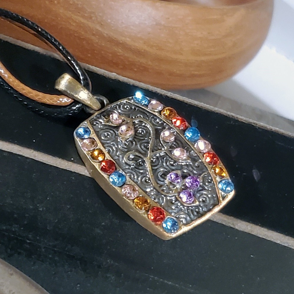 Rustic Antique Bronze Rhinestones Curvy Rectangle Pendant Necklace Vegan Leather