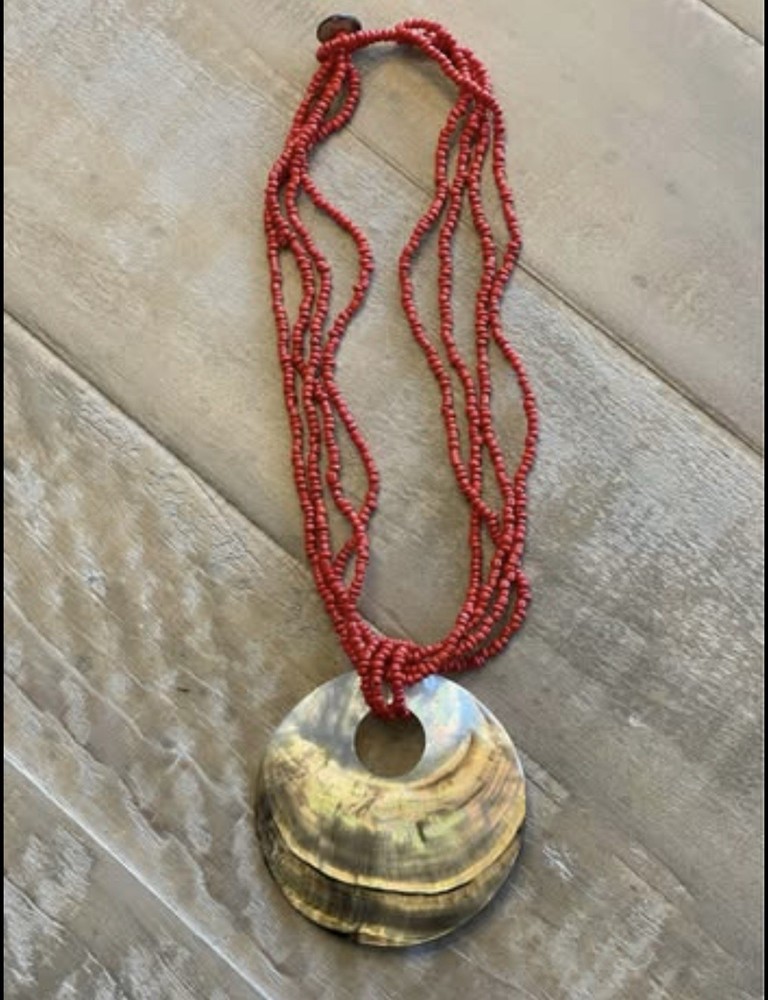 NEW Abalone Shell & Red Seed Beads Beachy Necklace w/Button Clasp VINTAGE