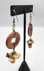 Boho Jasper Stone Disc & Glass Bead Dangle Drop Earrings Pierced Artisan 3.5″
