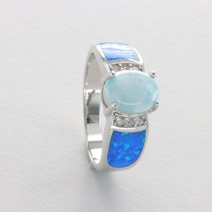 Oval Blue Larimar and lab. Fire OPAL Ring with 6 CZs 925 STERLING SILVER #1039e
